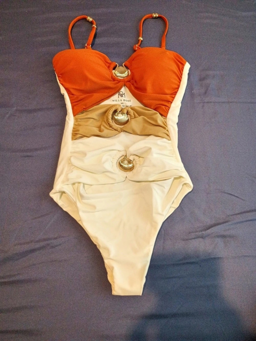 Milus Rose SHE SELLS Monokini One-Piece Swimsuit in Orange & Cream XS
